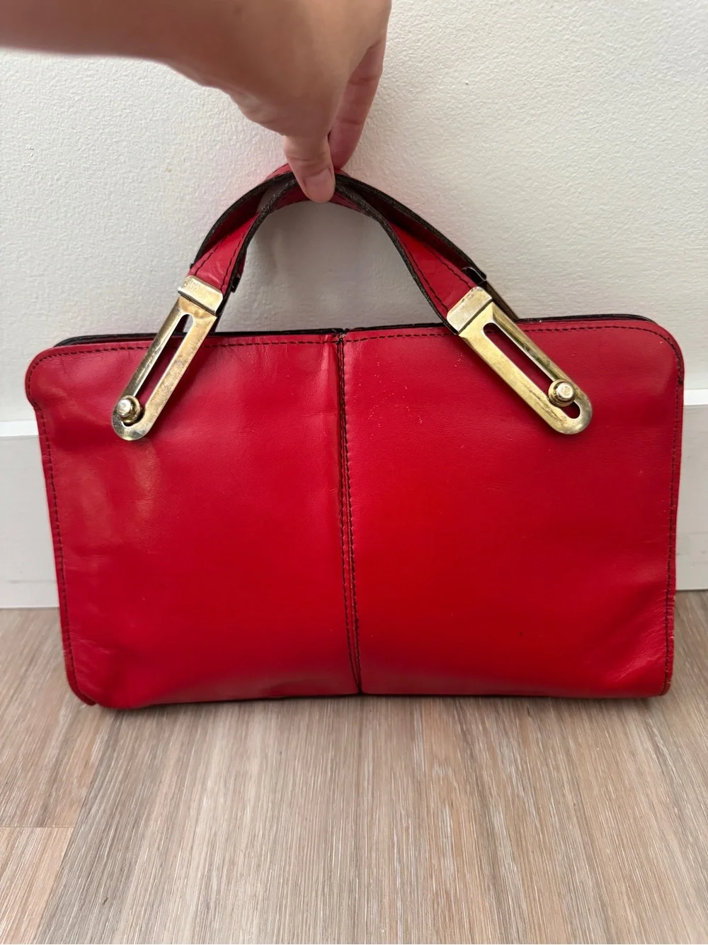 Vintage HYUK Red Leather Top Handle Clutch Purse USA Brass Hardware zip top bag